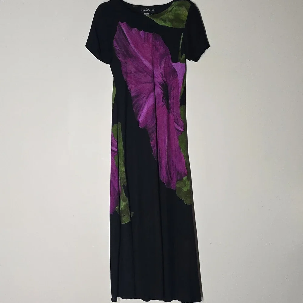 Carole Little Vintage 90s Black Oversize Floral Rayon Maxi Dress Petite 10